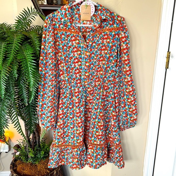 Brand New Umgee Floral Long-Sleeved Button Down Dress Crochet Trim Collared Mini - Picture 1 of 16